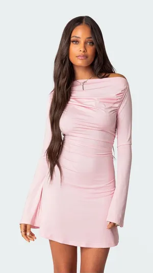 Edikted Pink Ruched Long Sleeve Mini Dress Boat Neck Bodycon Size M NWT thumbnail 1