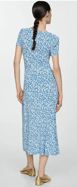 Mango Poma Floral Midi Dress Size Medium Blue Cottage Coquette Chic Jersey thumbnail 1