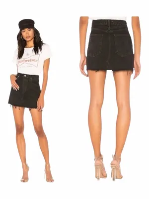 AGOLDE Skirt Women 26 Black Denim Quinn High Rise A Line Mini‎ Jean Frayed Hem thumbnail 2