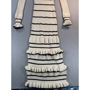 Kivari Cream Black Striped Ruffle Knit Maxi Dress Long Sleeve Size US 4 thumbnail 3