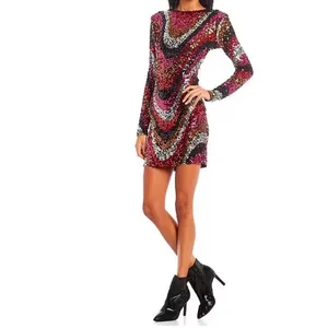B DARLIN Sequined Low-Back Mini Dress Juniors XS Multi Crew‎ Neck Long Sleeve thumbnail 4