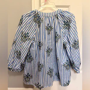 Entro Coastal‎ Resort Blue White Stripe Floral Print Tassel Blouse Top Large thumbnail 3