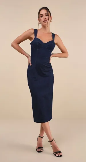 NWT Lulus Keep It Darling Dark Wash Denim Bustier Lace-Up Midi Dress Party Sz S thumbnail 1