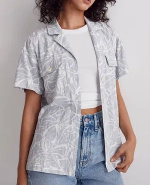 Madewell Linen-Blend Camp‎ Shirt in Abstract Flora in Gray Cool Fog Button Down thumbnail 1
