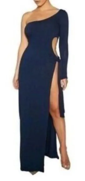 NWOT naked wardrobe One-Shoulder Navy Maxi Dress with Cutout thumbnail 1