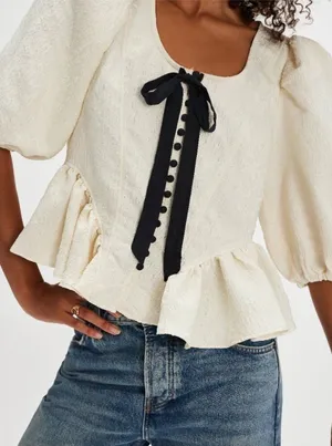 Free People NEW Pamela Bow Top in White Alyssum M thumbnail 1