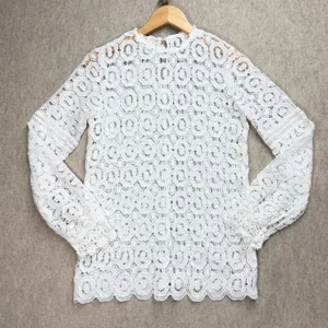 White Crochet Lace Long Sleeve Blouse High Neck Floral‎ Boho Top XS Boho Cottage thumbnail 1