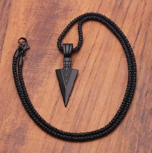 Black Arrowhead Mens Arrow Pendant Necklace 24" Chain - Native American Style thumbnail 1