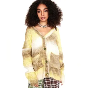 For Love & Lemons Celeste Chunky Knit Cardigan Womens M Yellow Ombre Boho Hippie thumbnail 2