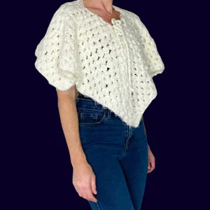 Vintage Handmade Women/Kids Cream White Crochet Poncho Shawl thumbnail 5