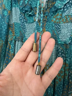 Anthropologie Odetta Ruffled V-Neck midi Dress Teal Gold Boho Mixed Print Small thumbnail 10