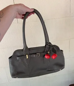 Olive Colored Genuine Leather Bag with Cherry Charm Red thumbnail 1
