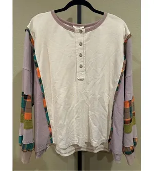 Size S (Oversized) Easel Los Angeles Button Front Color Mixed Washed Top in Oat thumbnail 3