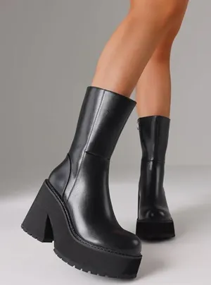 Chunky Black Faux Leather Platform Gothic Destroyer mid calf boots US 8 thumbnail 1