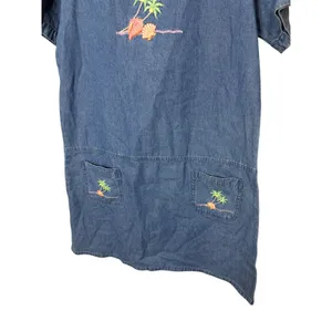 Blue‎ J Vintage Denim Shift Dress Large Tropical Palm Tree Shell Embroidery L thumbnail 3
