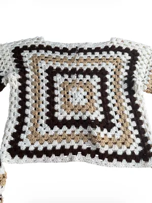 Vintage Handmade Crochet Granny Square Sweater Pullover Boho Neutral Cream Brown thumbnail 4