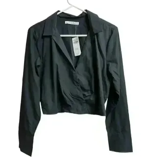Abercrombie & Fitch Long Sleeve Poplin Wrap Cropped Top in Black Medium New thumbnail 1