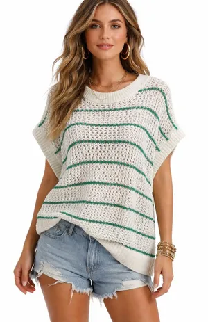 Madewell Classic Ivory Green Striped Open Stitch Knit Sweater Tee Size L NWOT thumbnail 1
