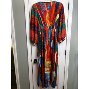 Women’s L Multicolor Abstract V-Neck Smocked Waist 3/4 Balloon Sleeve Maxi thumbnail 11