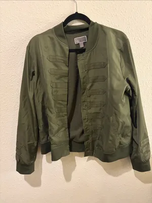 Chelsea28 Olive Military-Style Satin like Bomber Jacket thumbnail 1