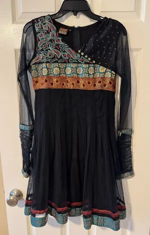 Girlish Embroidered Mesh Fit & Flare Dress Size 36 Black Boho Beaded thumbnail 1