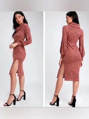 Lulu's Rusty Rose Cowl Neck Midi Dress with Puff Sleeves thumbnail 2
