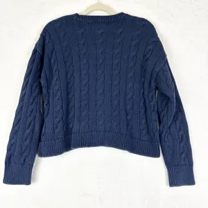 Lauren Ralph Lauren Cropped Cable Knit Sweater Size XL Navy Blue Cotton Classic thumbnail 2