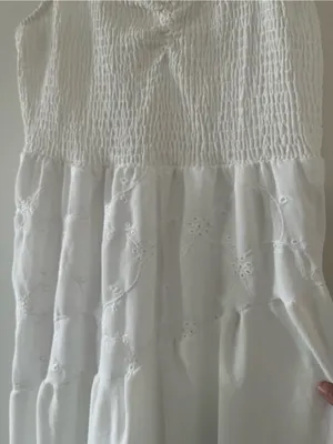 White Eyelet Smocked Tiered Maxi Dress Large Coastal Euro Summer Beach Resort thumbnail 4