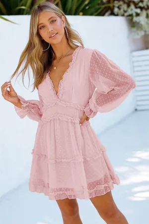 Women's Pink Ruffle Swiss Dot Babydoll Nightdress thumbnail 1