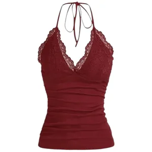 Romwe Whimsigoth Y2K Size S Top Contrast Lace Ruched Tie Back V-Neck Top Vest Red thumbnail 3