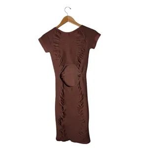 AURA Ruched Bodycon Dress Women Large‎ Brown NWT Cutout Back Ribbed Knit Sheath thumbnail 4