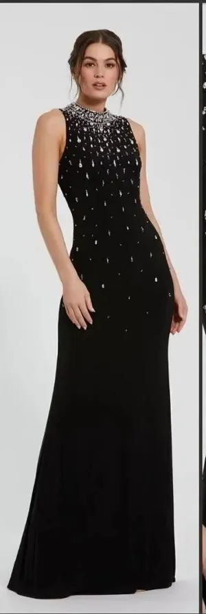 MAC DUGGAL 2260 Black High Neck Sleeveless Beaded Jersey Fitted Gown Size 6 thumbnail 1