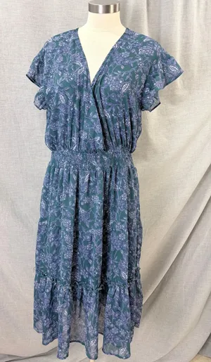 Voy Teal Blue Floral‎ Midi Dress Smocked Waist Flutter Sleeve L Cottagecore thumbnail 1