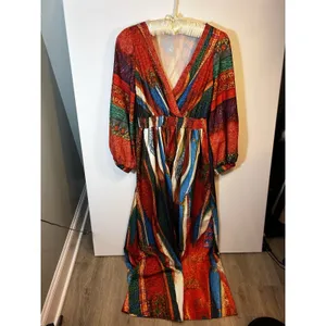 Women’s L Multicolor Abstract V-Neck Smocked Waist 3/4 Balloon Sleeve Maxi thumbnail 7