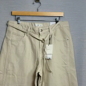 MNG Mango Women Beige Wide Leg Mid Waist Cotton Trousers with Tie Belt Size 10 thumbnail 5