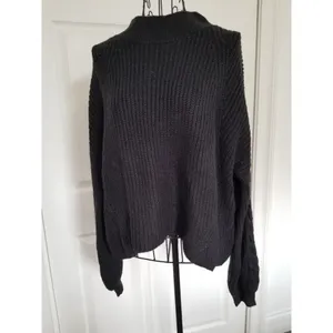 BP Black Chunky Knit Cropped Long Sleeve Oversized Sweater Mock Neck Womens Sz L thumbnail 2