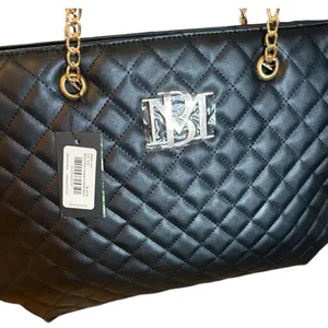 Badgley Mischka Black Quilted Tote Bag with Gold Chain Strap, One Size thumbnail 5
