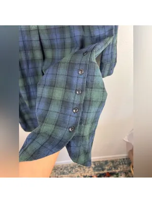 Madewell Navy and Green Plaid Flannel Mini Shirt Dress thumbnail 6