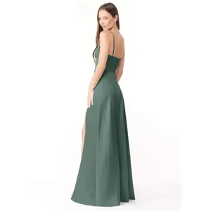 ✨Azazie Halsey Stretch Sea Moss A-Line Side Slit Stretch Satin Sz A8 Dress✨ thumbnail 3