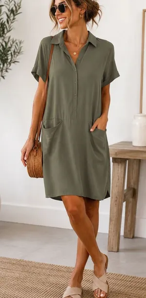 VICI Shirt Dress Small Olive Green Utility Button Front Pockets Casual thumbnail 1
