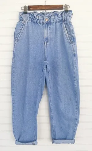 Zara Paperbag Waist Jeans Small Light Wash High Rise Ruffle Denim Mom Pants thumbnail 1