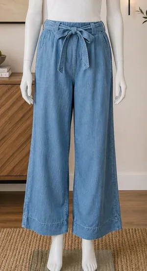 New Look Womens Wide Leg Pants Blue Chambray Elastic Waist Tie Belt Size 4 thumbnail 1