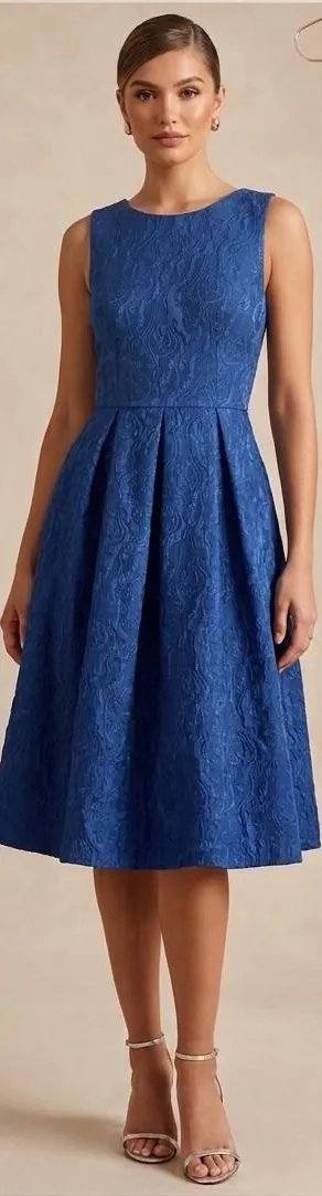 Eva Franco Cocktail Dress Womens 4 Blue Jacquard Criss Cross Back Fit &‎ Flare thumbnail 1