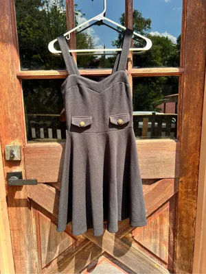 Forever 21/Ellen Black Textured Skater Mini Dress Gold Buttons XS thumbnail 2