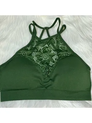 Zenana Outfitters Lace High Neck Bralette Crop Top Olive Green L XL thumbnail 2