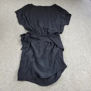 Yoins Womens Wrap Dress Large Black Tie Crewneck Short Sleeve Ruched Mini NEW thumbnail 3