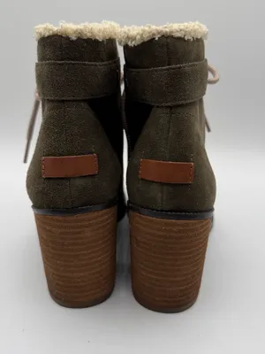 Dr Scholls Loni Boots Womens 6 Olive Suede Shearling Lace Up Block Heel thumbnail 4