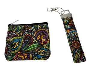 Psychedelic‎ Zentangle Paisley Small Coin Purse Wristlet Key Ring Set Multicolor thumbnail 1