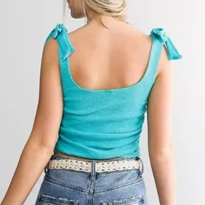 Free People Crop Top Womens Small Mint‎ Green Tie Shoulder Ruched Ribbed Boho thumbnail 4