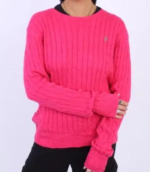 Ralph Lauren Fuchsia & Lime Cable Knit Cotton Crewneck Sweater Size Medium thumbnail 1